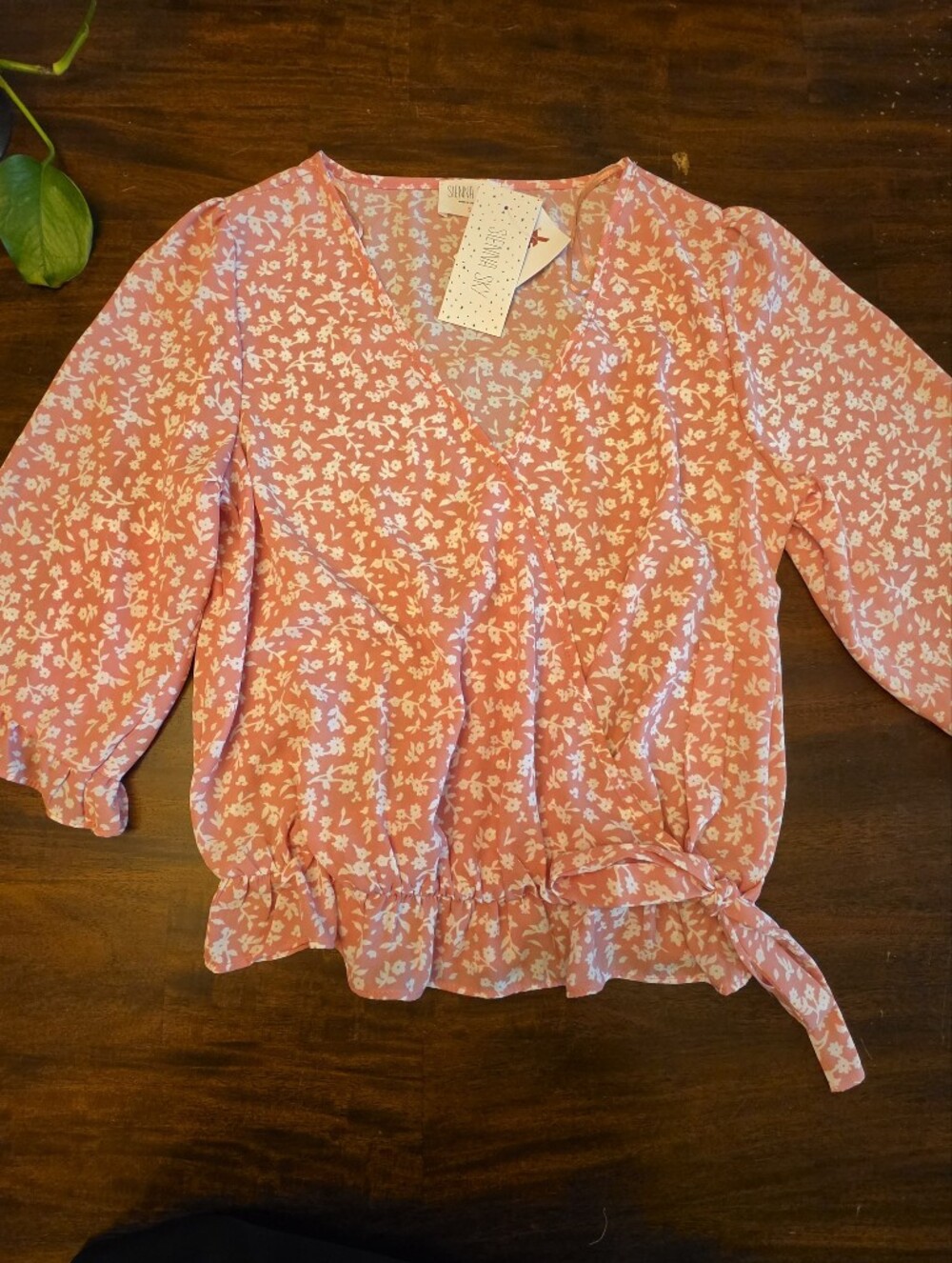 Sienna Sky Coral Floral Faux Wrap Blouse - Size Small